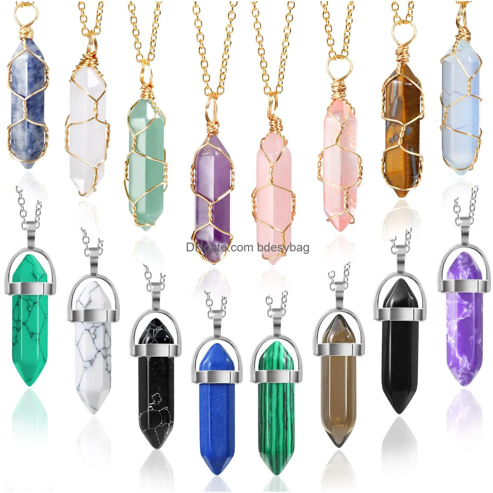 framendino bullet shape hexagonal chakra charm pendants crystal stone pendants colorful healing pointed chakra beads for jewelry making
