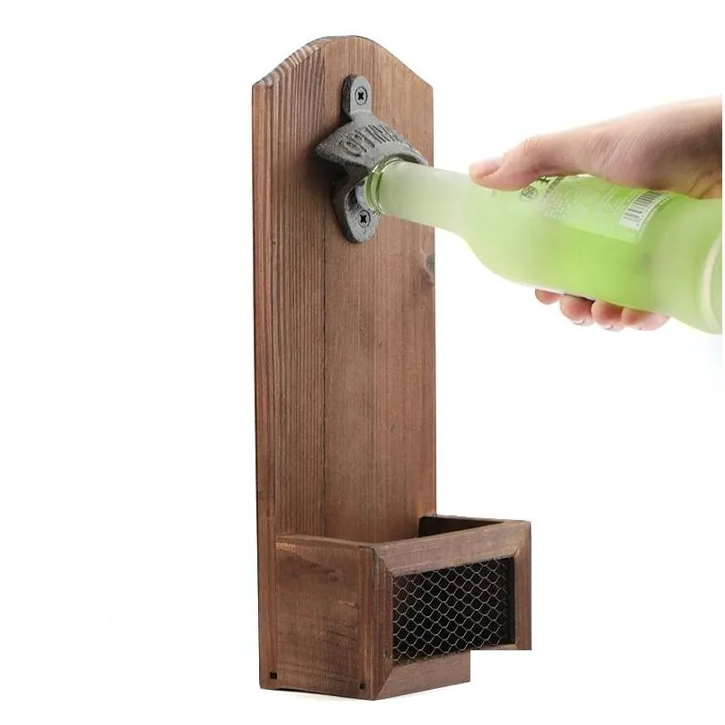 1pcs vintage wall mounted beer bottle opener with magnetic solid wood plate bar drinking kitchen accessories t200507