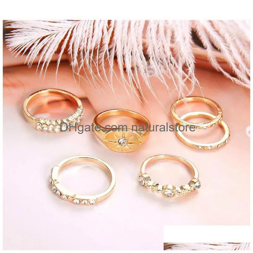 6 pcs/set fashion women finger ring sets sweet crystal water drop bohemian charm finger joint ring sets party cluster rings jewelry