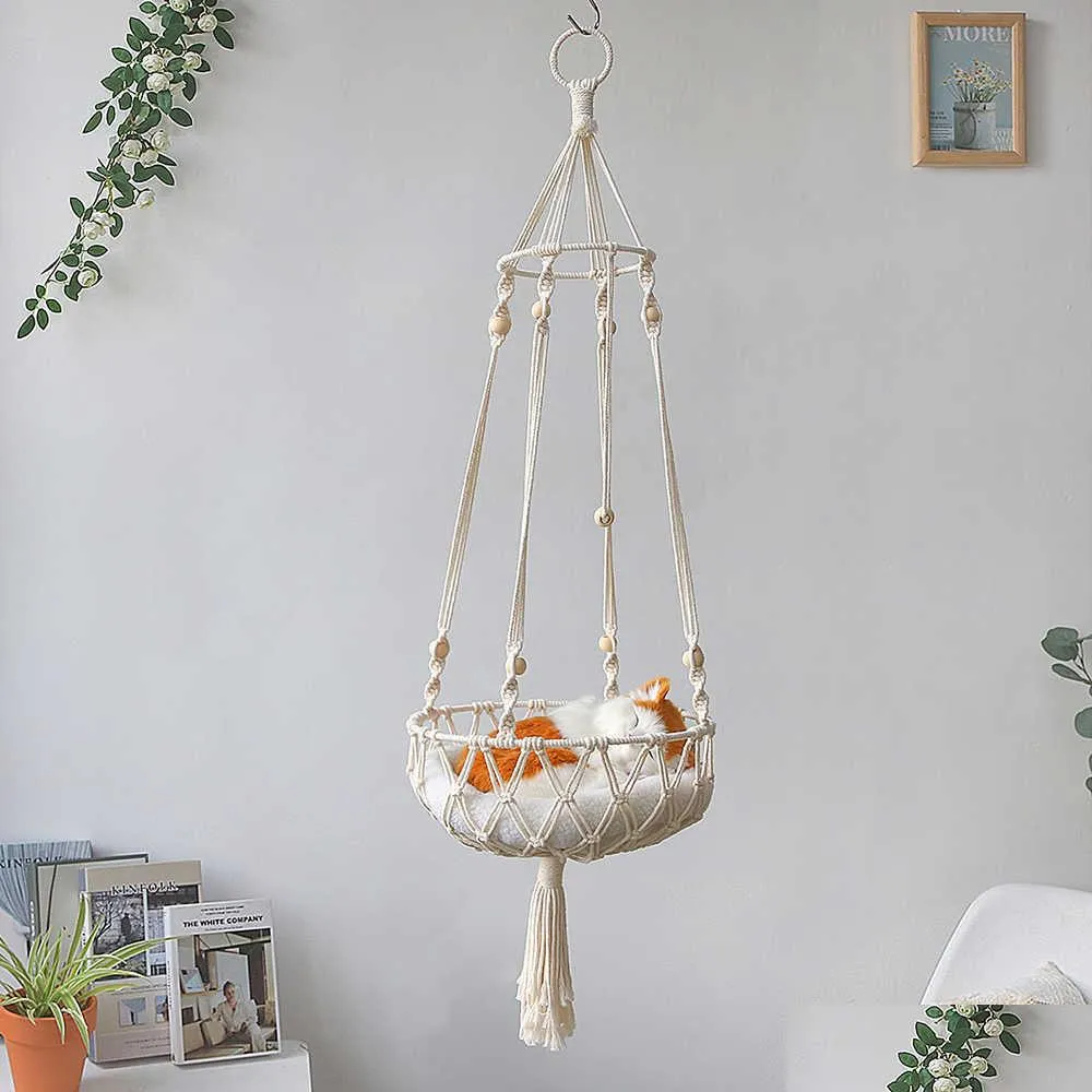 large macrame cat hammock macrame hanging swing cat dog bed basket home pet cat accessories dog cats house puppy bed gift 210713