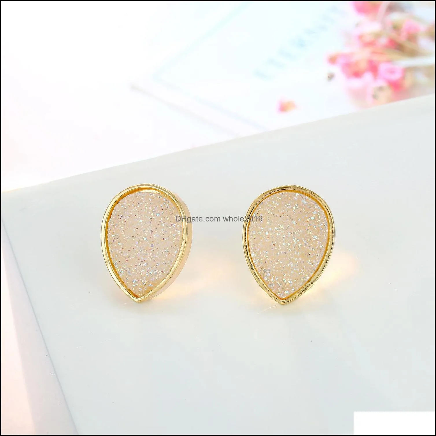 american european fashion womens simple gold plated waterdrop drusy earring 15mm handmade druzy trendy jewelry resin stone stud