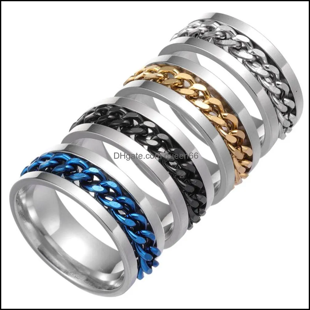 wholesale 40pcs spin chain stainless steel rings silver black gold blue mix men fashion wedding band party gifts jewelry