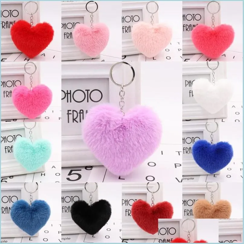 fluffy heart shape pompoms keychains women faux fur pompom keyring for valentine day car bag pendant 16 styles dhs p31fa