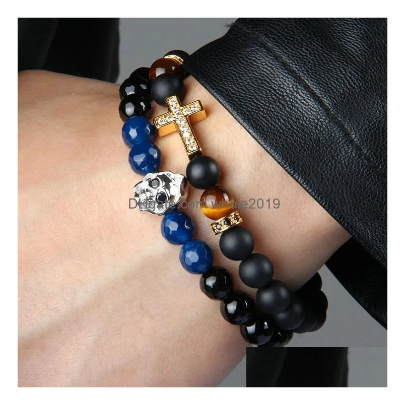 bracelet wholesale 10pcs/lot 8mm matte agate and tiger eye stone beads with clear cz royal cross jesus bracelet