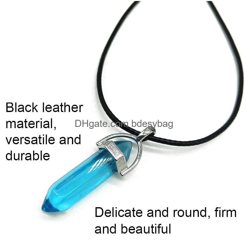 fogawa bullet shape gemstone pendants and black leather necklaces hexagonal crystal healing point pendant rainbow color gemstone quartz stone necklace for jewelry pendant necklace making