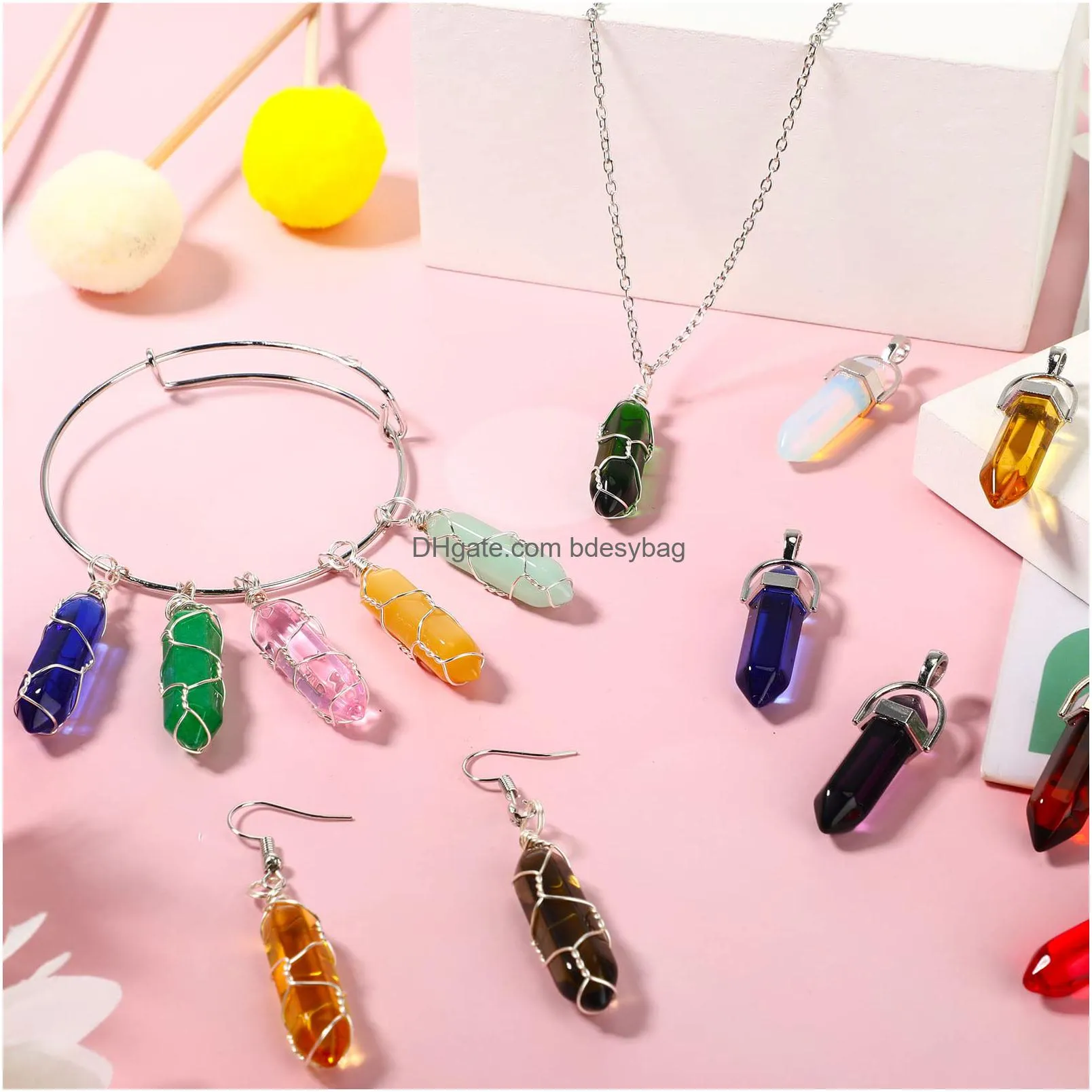 hexagonal bullet shaped healing crystal natural crystal quartz necklace pendant bulk wire wrapped gemstone crystal charms for necklace earring jewelry making diy art craft