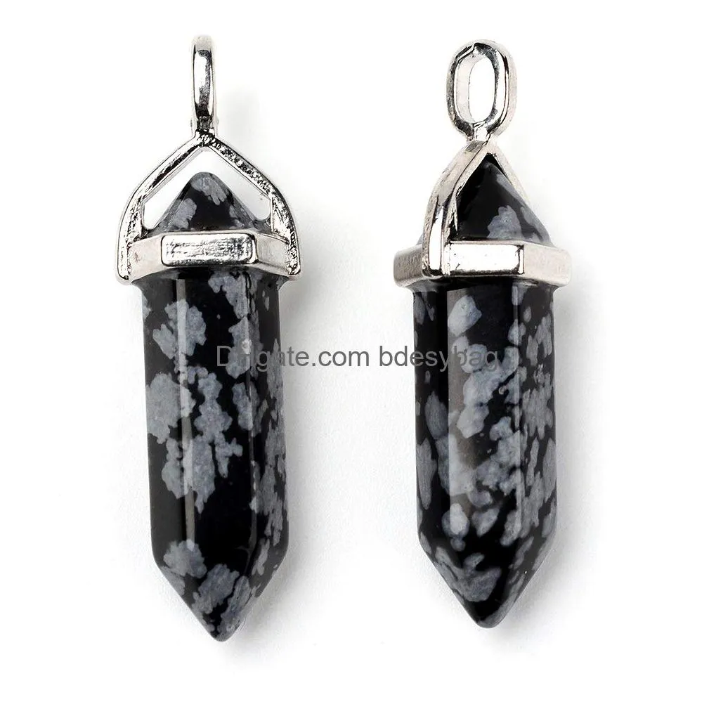 fashewelry natural snowflake obsidian bullet shape gemstone pendants 3740x12mm hexagonal healing pointed chakra stone charms for necklace jewelry making hole 3mm