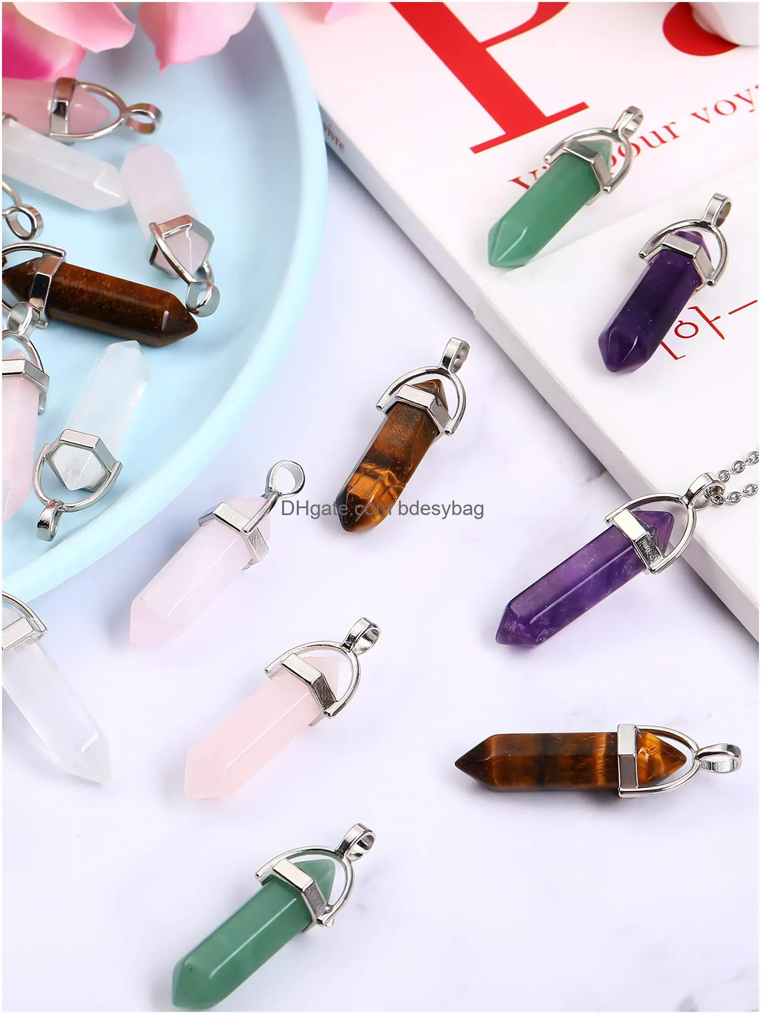 hexagonal natural crystal pendants pointed crystal quartz stone pendant bullet shape healing stone pendants diy gemstone crystal pendant for necklace jewelry making