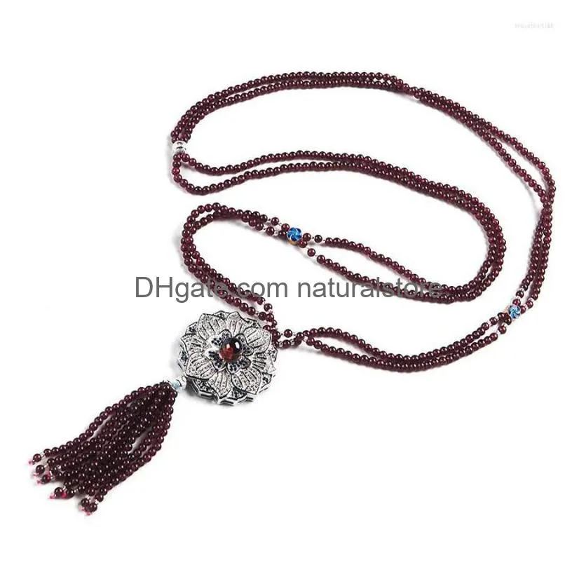 pendant necklaces genuine natural red garnet crystal round beads women nice flower shape sweater necklace 70cm