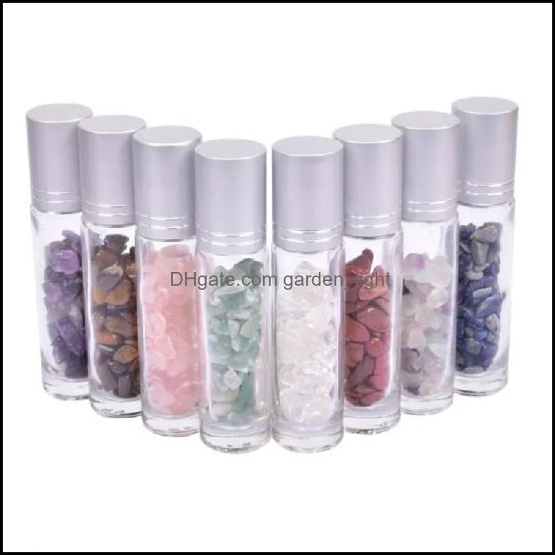 10ml natural crystal stones roll on bottles glass essential oil gemstone roller ball perfume bottle with crushed quartz