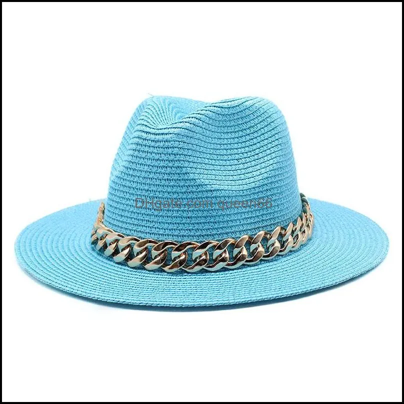 panama straw hat with chain women men holiday beach sun hats girls spring summer sunhat wide brim cap mens jazz caps woman man fashion outdoor sunhats wholesale