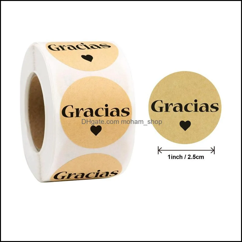 500pcs/roll natural kraft paper round stickers hand made baked with love gracias sticker 1 inch adhesive label pab12158