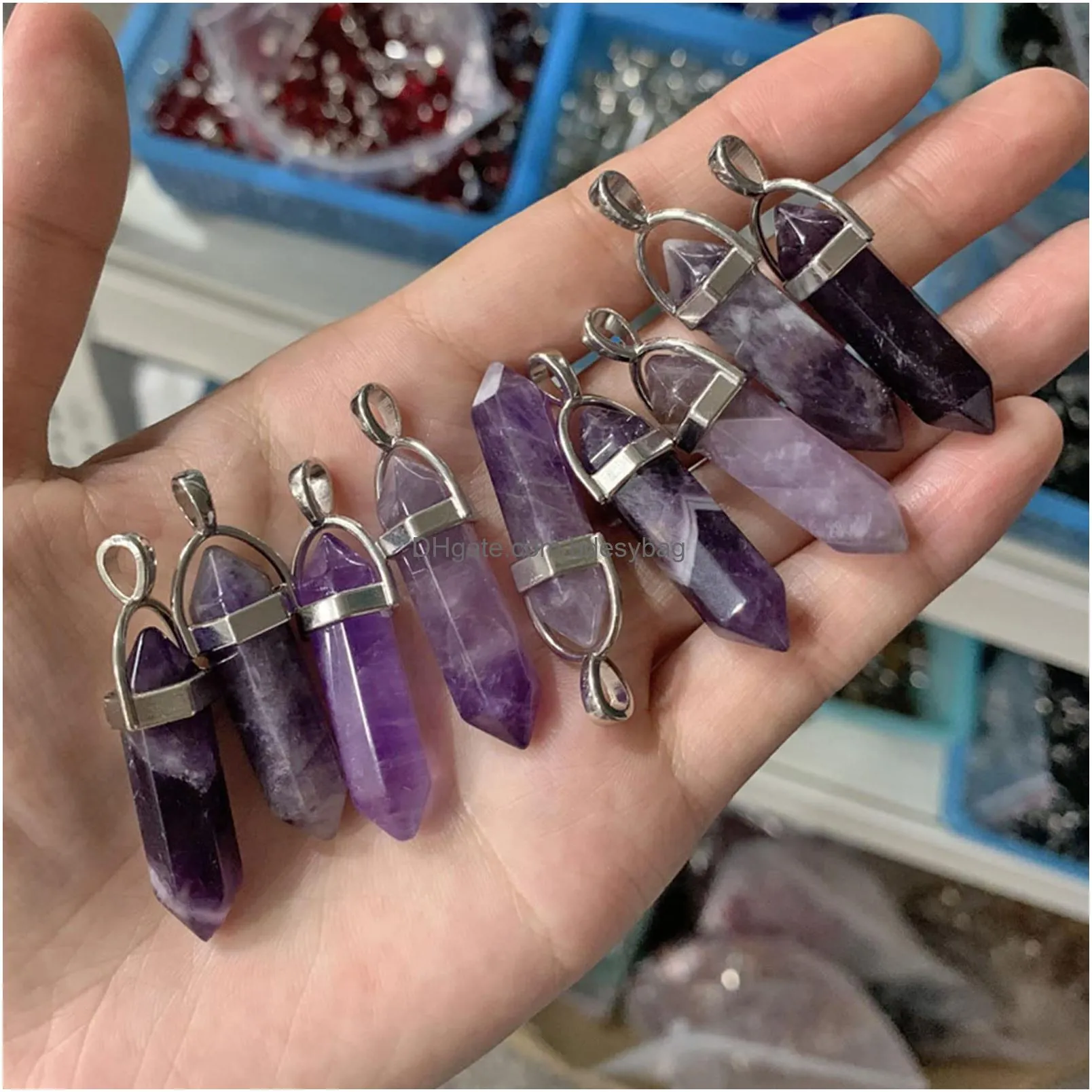 hexagonal chakra pendant bullet shape crystal pendant healing pointed quartz charms gemstone natural prism stone chakra beads for diy necklace earrings bracelet jewelry making 10 colors