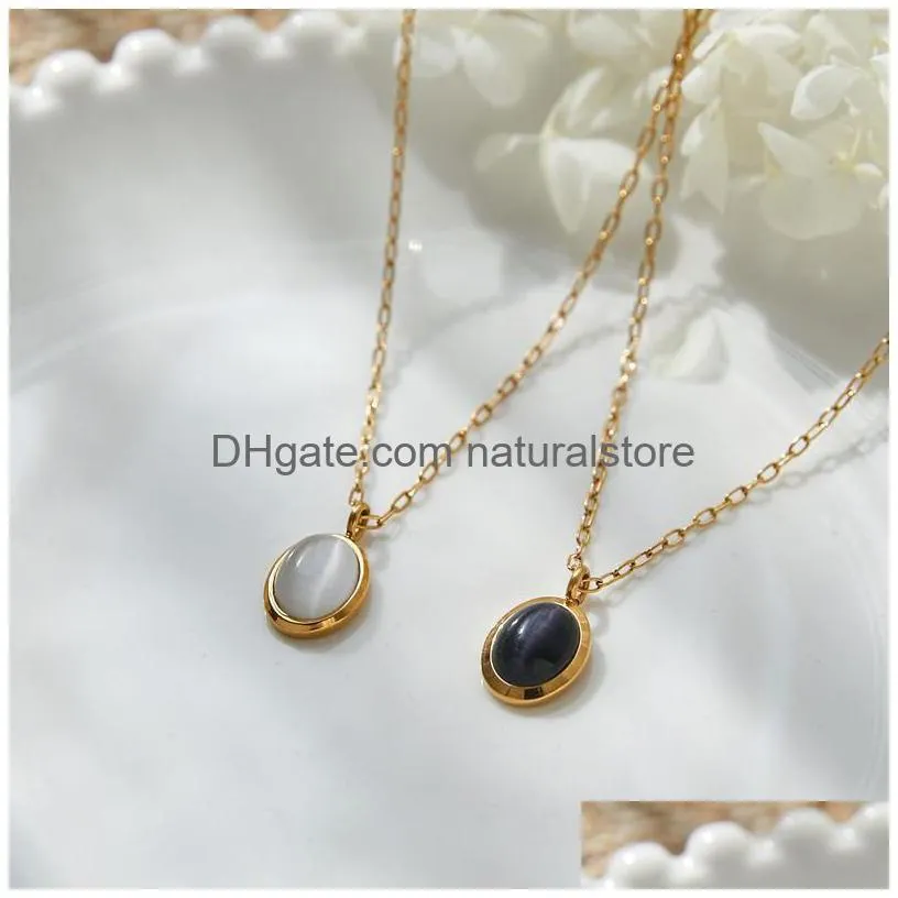 pendant necklaces natural stone black and white cats eye velvet luster oval retro clavicle chain titanium steel plated gold color