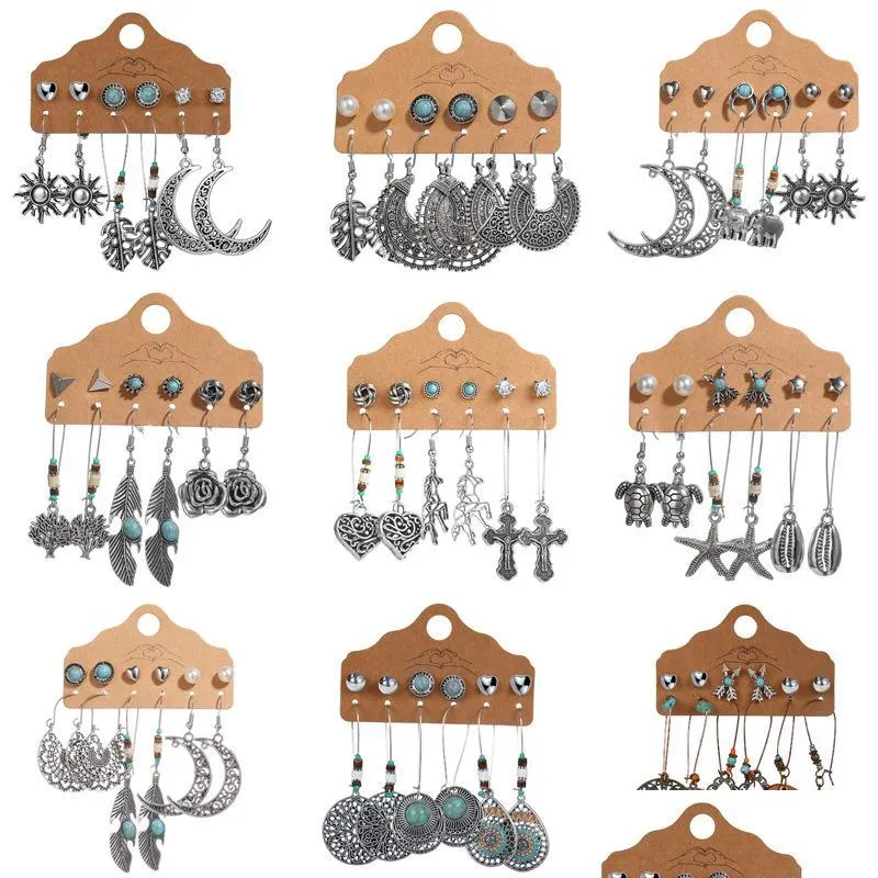 6 pair/set earring jewelry female diy antique silver hoop earrings for women big moon sun feather heart boho earring set fashion