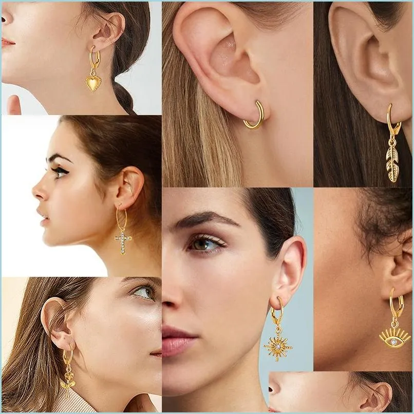 18k gold drop dangle earrings for women ethnic cross heart flower eye star charms hoop earring 2021 fashion jewelry set