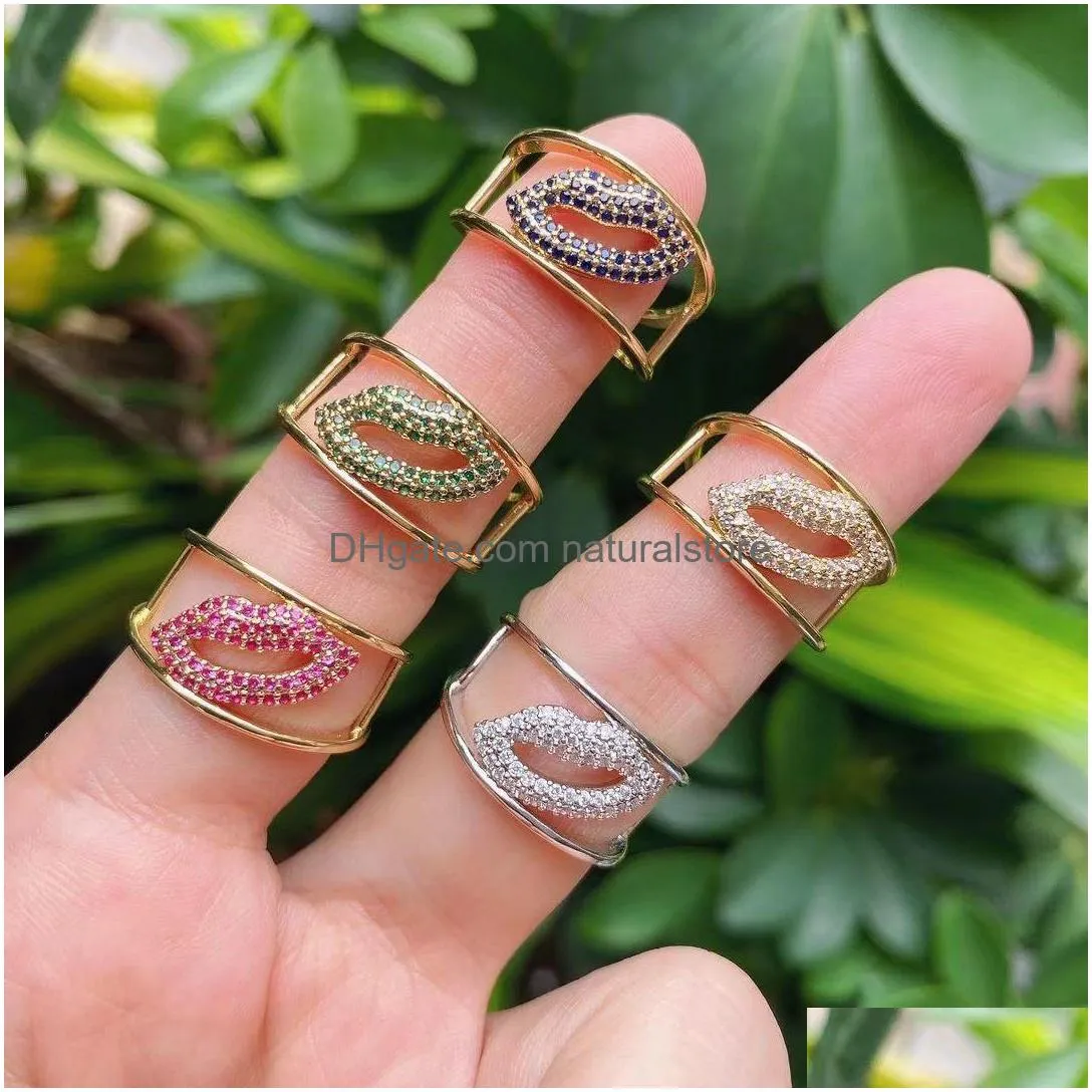 10pcs fashion crystal zircon lip mouth hollow design open adjustable brass ring girl party gift