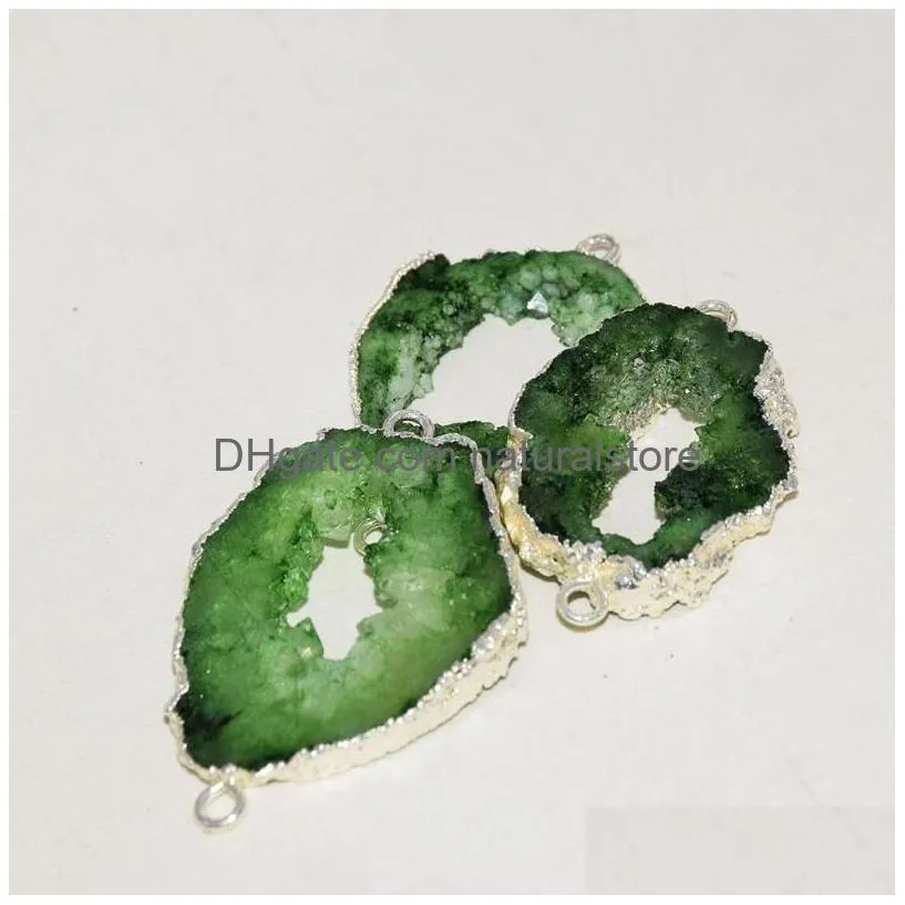 pendant necklaces big green druzy stone connector for jewelry making women 2022 gold plating bezel geode slice hole irregular agates