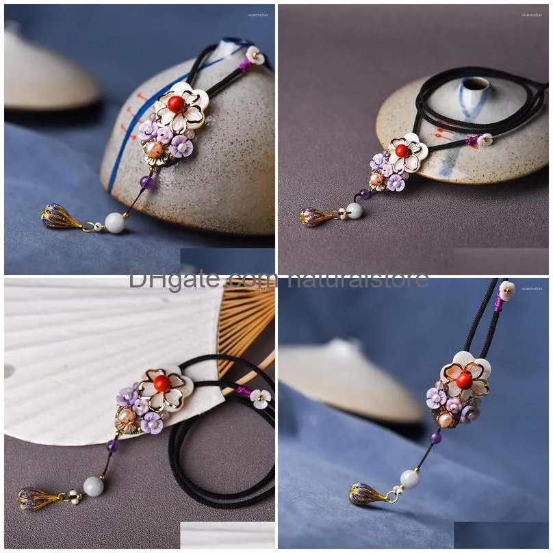 pendant necklaces boeycjr retro ethnic stone bead enamel necklace handmade jewelry alloy flower shell chain vintage for women
