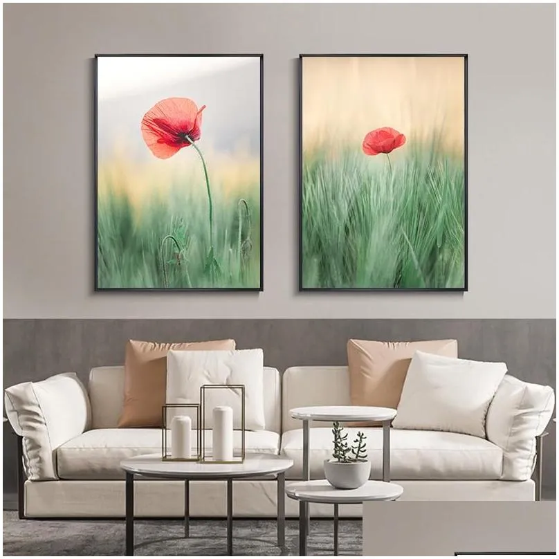 paintings grassland blooming red flowers landscape wall art canvas painting nordic posters prints pictures for living home decoration