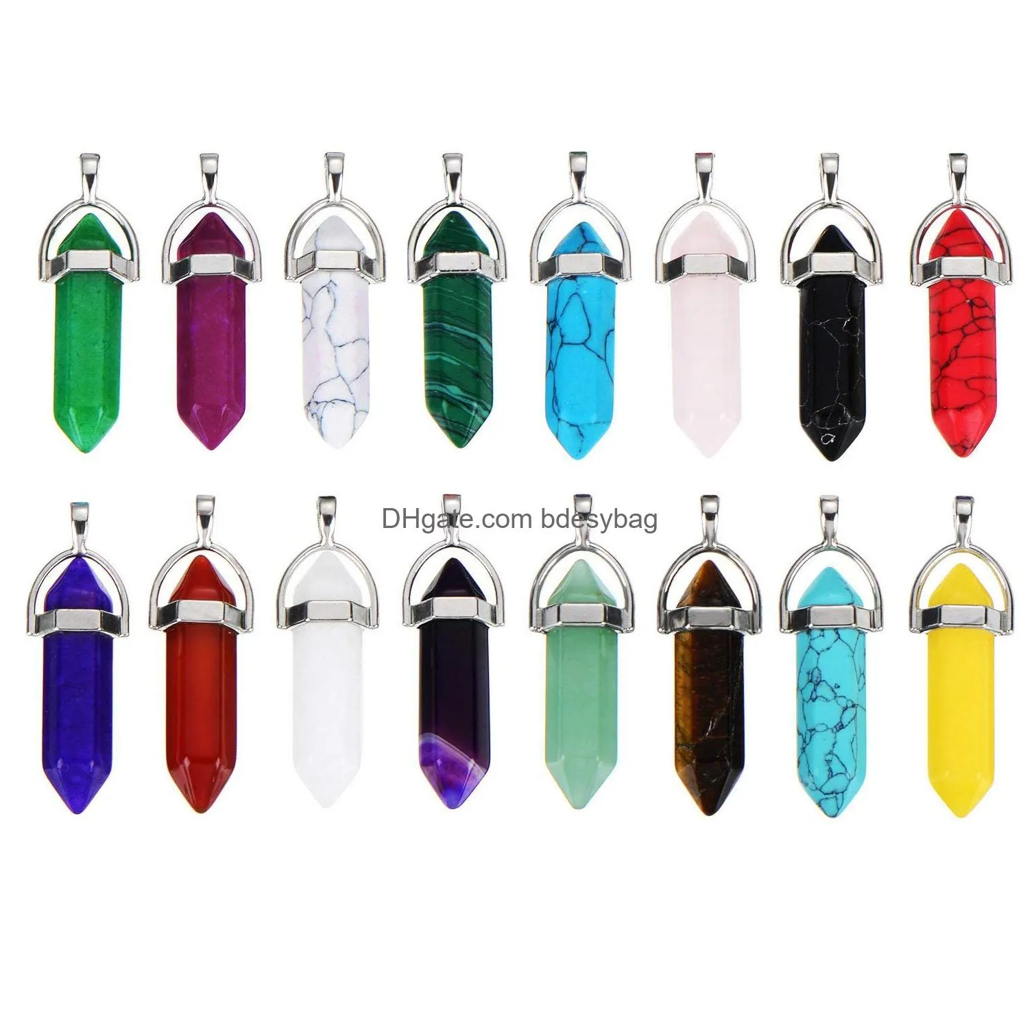 multicolor bullet shape gemstone healing pointed hexagonal chakra pendants quartz crystal stone charm random color for necklace earring jewelry making