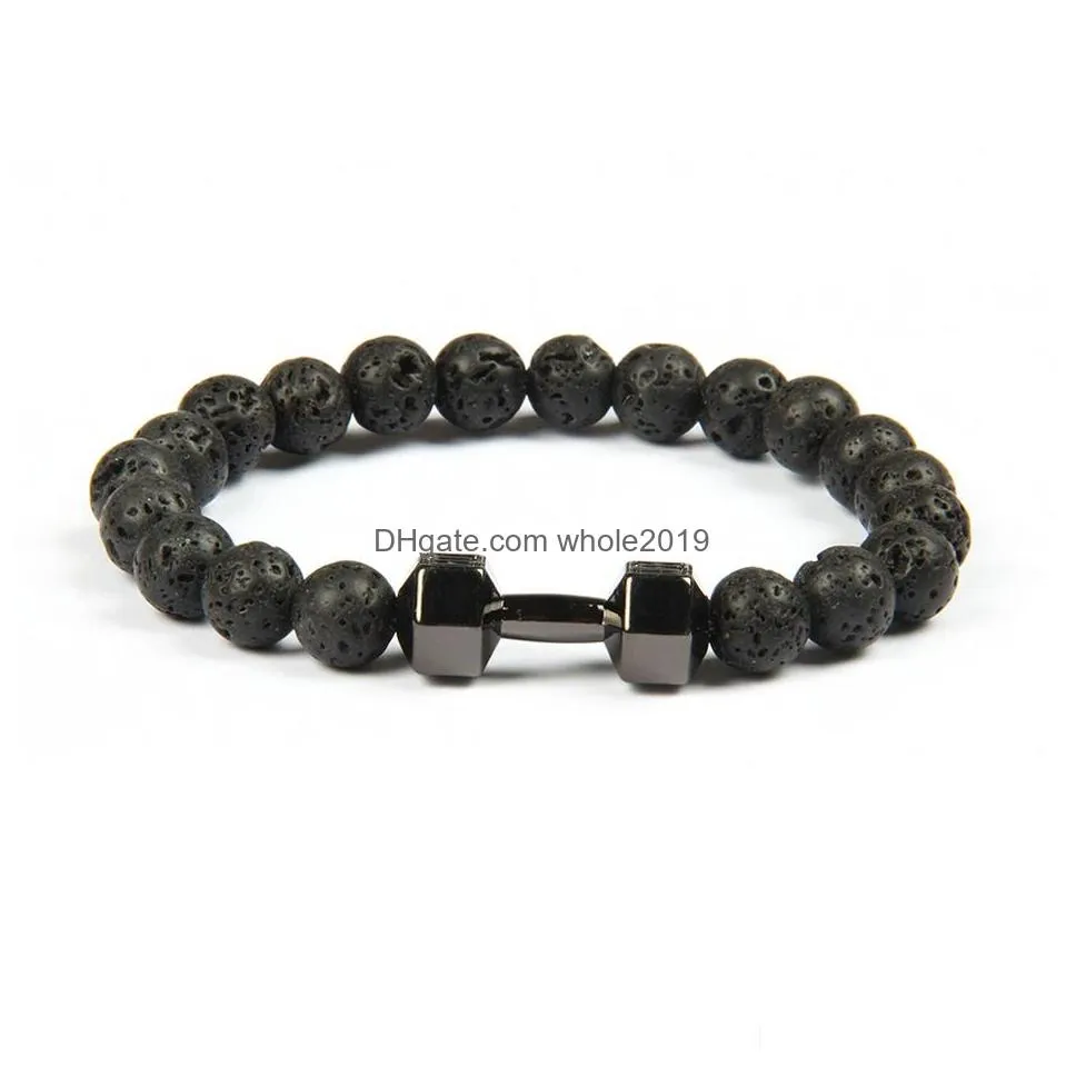 mens gift wholesale arrival alloy metal lava rock stone beads fitness fashion dumbbell bracelets with words