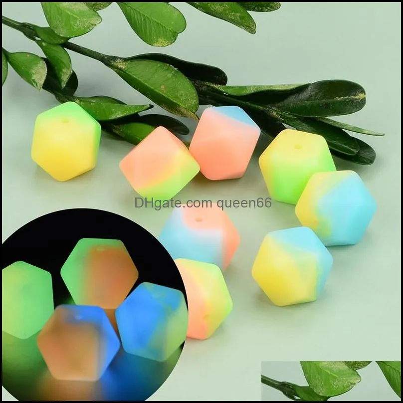 double color mixed luminous silicone beads hexagonal octagons baby teething beads 14mm food grade loose bead glow in the dark for jewelry