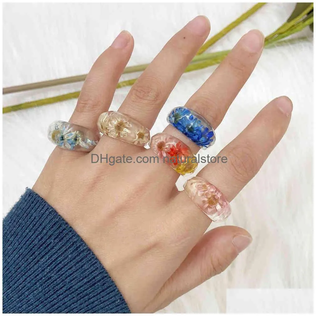 summer simple fashion acrylic geometric irregular transparent resin colorful flower rings for women jewelry gifts