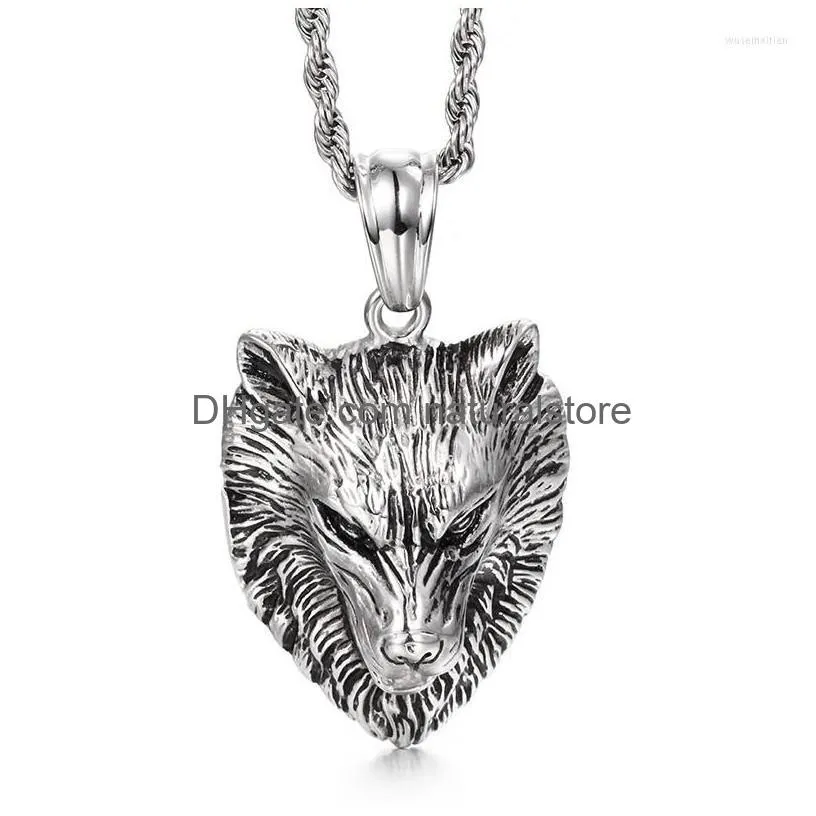 pendant necklaces 2022 brand mens vintage large 3d gothic animal wolf heads stainless steel necklace with rope chain 22 4mm