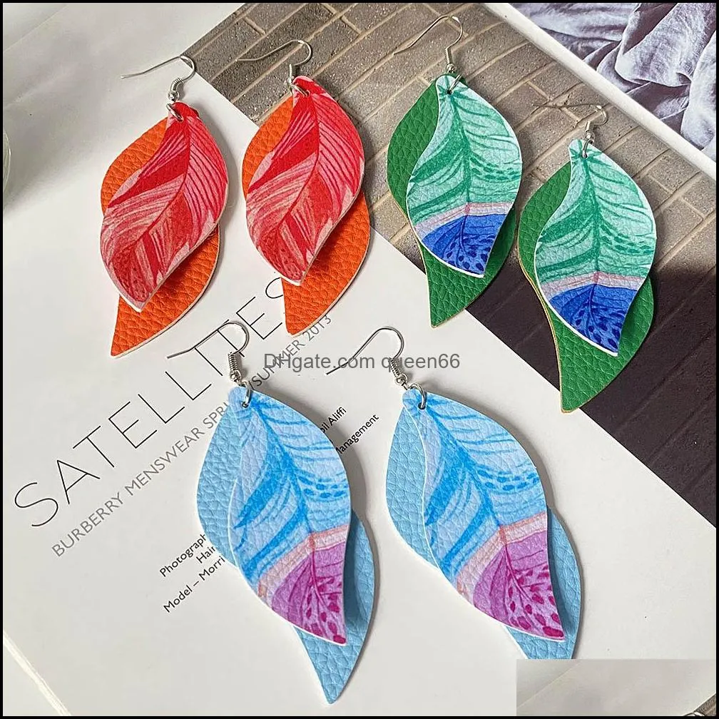 earrings for women boho fashion jewelry double layer feather printed dangle leather earring wedding hoop earrings jewelry