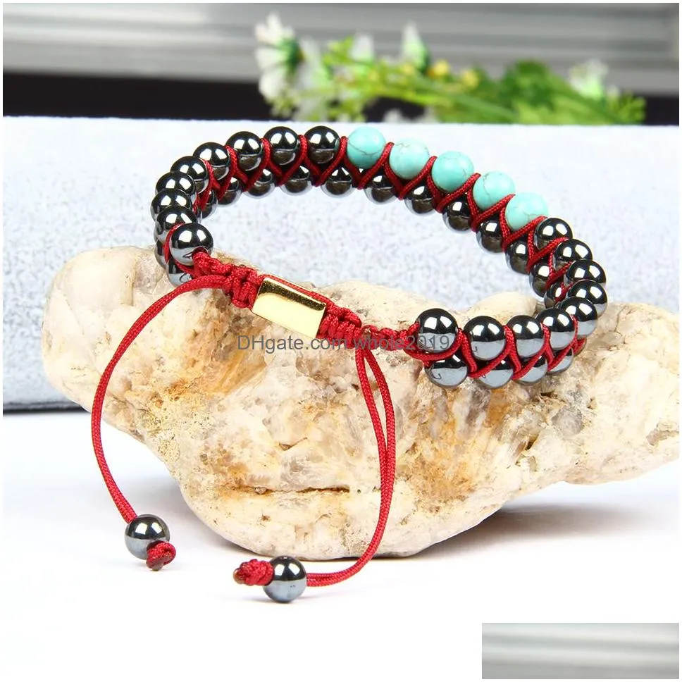  design mens bracelet double raw beaded 6mm hematite white and blue stone beads macrame bracelet nice gift for men