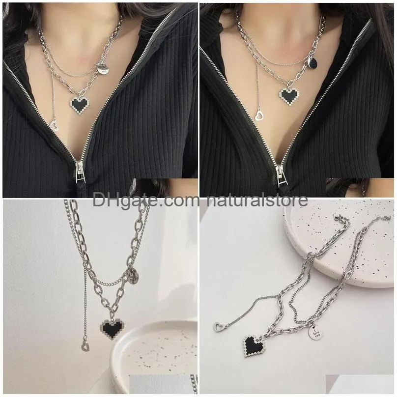 pendant necklaces titanium steel black mosaic love necklace female ins hiphop style niche doublelayer design sweater chain