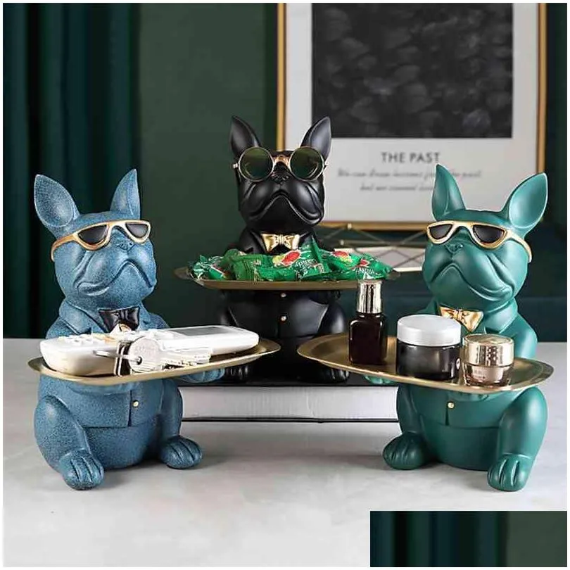 resin cool dog sculpture bulldog decorative figurine storage tray coin bank entrance key snack holder modern art statue 210727