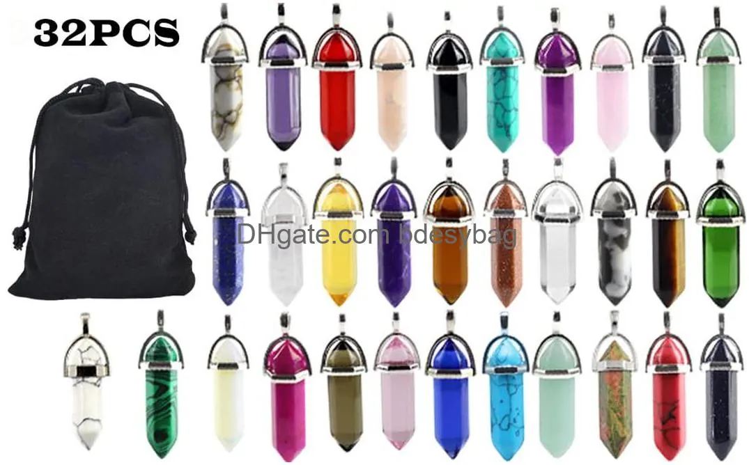 bullet shape gemstone pendant hexagonal crystal pointed quartz pendants artificial stone for chakra healing diy necklace jewelry making with storage bag