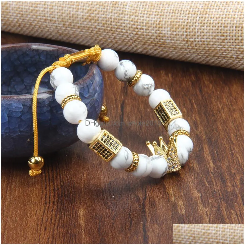 full diamond crown bracelet wholesale 10pcs/lot 8mm natural agate stone beads king crown bracelets couples jewelry for lover