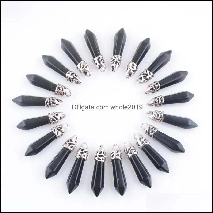 wholesale gemstone hexagonal pillar charms pendants black agate beads pendulum chakra reiki natural stone dn4400