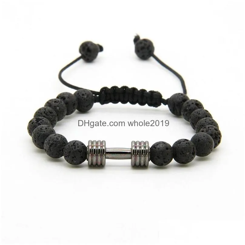 sport bracelets wholesale 8mm lava rock stone beads with barbell fitness dumbbell macrame bracelets for men