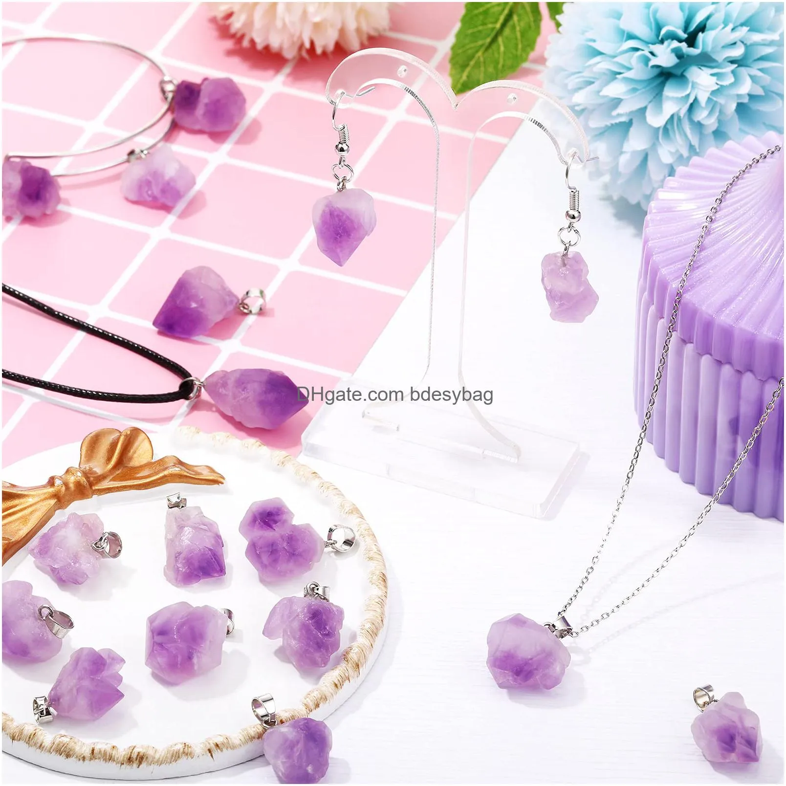 natural amethyst stone irregular rock pendant healing crystal chakra gemstone charm with stainless steel snap for necklace earring bracelet jewelry making hole 5 x 2.5 mm 