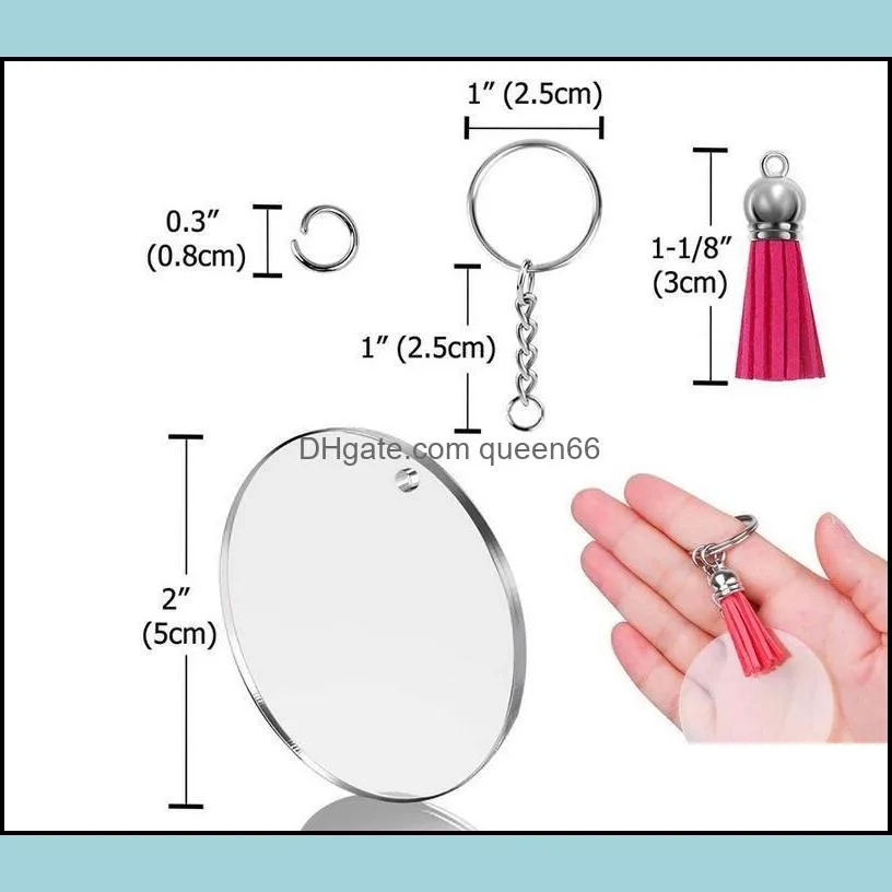 50pcs/lot acrylic keychain blanks transparent round clear discs circles w/metal split key chain rings with colorful tassel