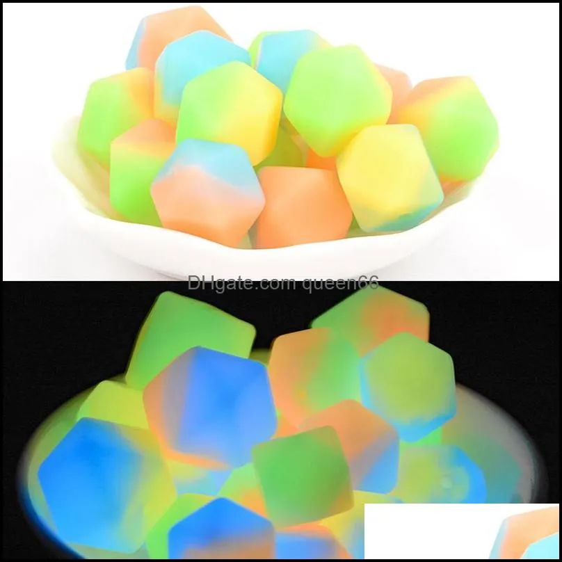 double color mixed luminous silicone beads hexagonal octagons baby teething beads 14mm food grade loose bead glow in the dark for jewelry