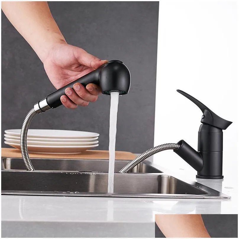 kitchen faucets grifos de cocina swivel pull out kitchen sink faucet watersaving black basin crane mixer brass tap wf7005 t200424