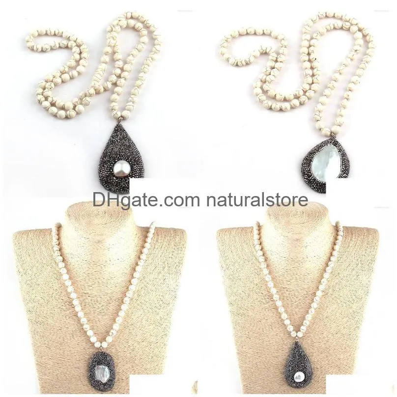 pendant necklaces fashion 8mm beige stone long knotted handmade crystal paved pearl shell drop women ethnic necklace