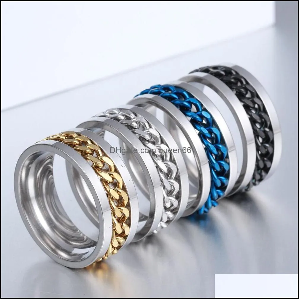 wholesale 40pcs spin chain stainless steel rings silver black gold blue mix men fashion wedding band party gifts jewelry