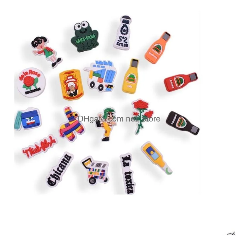 wholesale 100pcs/lot custom mexican style pvc shoe charms pvc shoecharms buckle soft rubber jibbitz for croc shoes garden shoes boys girls