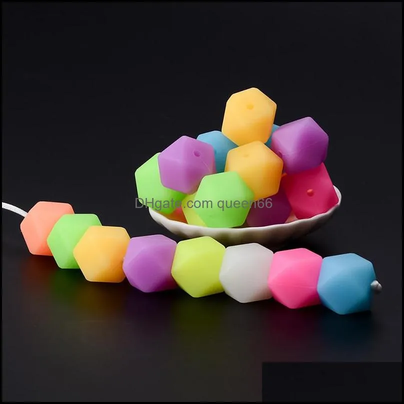 14mm luminous loose beads glow in dark hexagon fluorescent silicone beads diy accessorry for baby infant pacifier chain teething