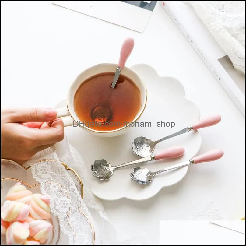 creative flower spoons white ceramics handle scoop dessert spoon gold plated coffee stir 2 7qd uu