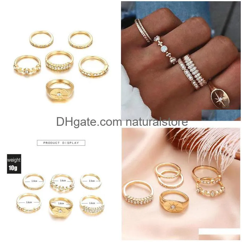 6 pcs/set fashion women finger ring sets sweet crystal water drop bohemian charm finger joint ring sets party cluster rings jewelry
