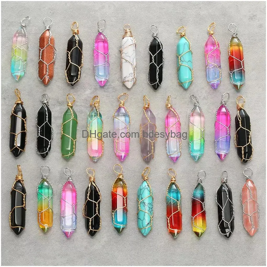 yeyulin bullet shape gemstone pendant hexagonal chakra crystal pointed quartz pendants artificial stone with tree wire wrapped necklace charms jewelry making 