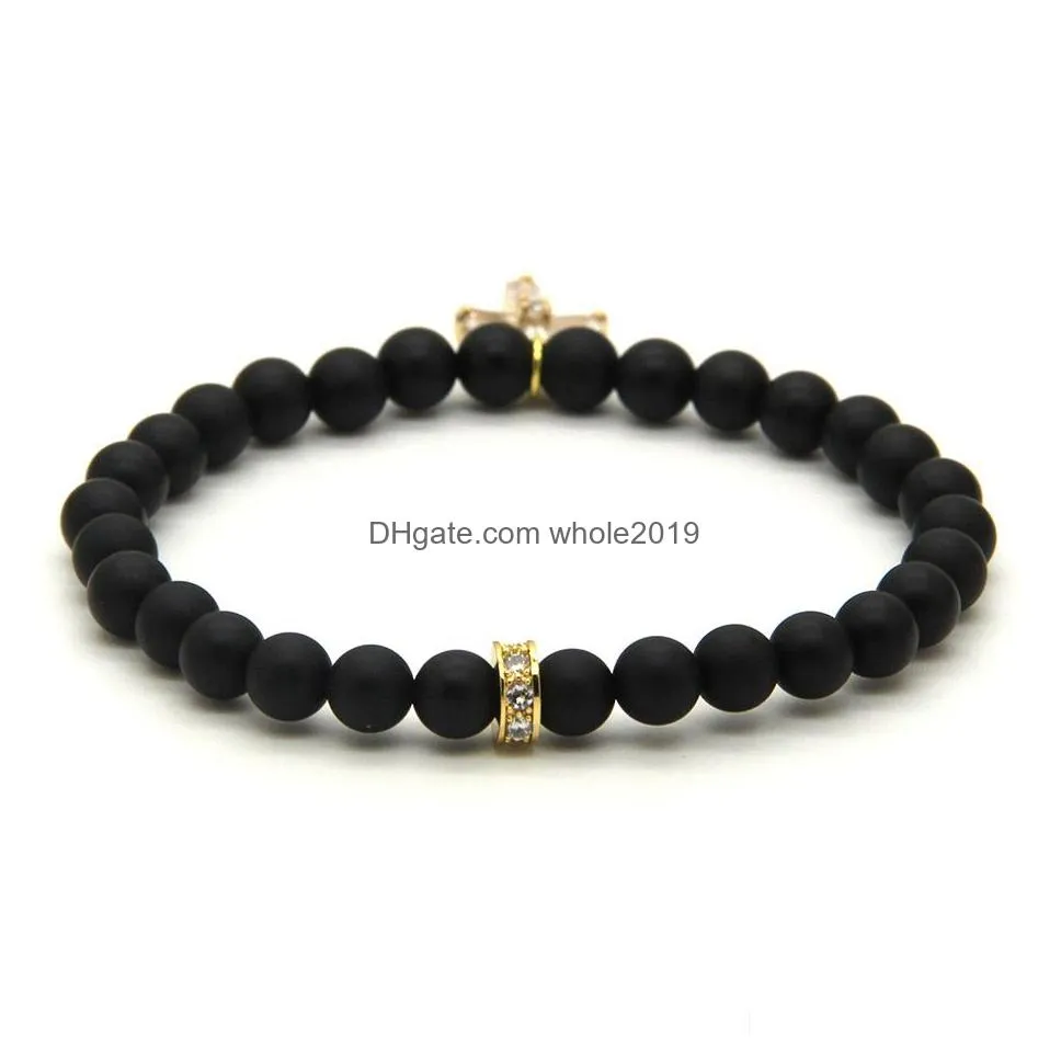 easter wholesale summer jewelry fashion 6mm matte agate stone with clear zircons loyal cross cz beads bracelets