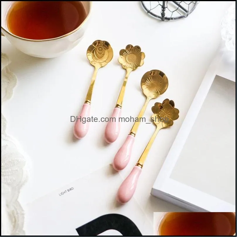 creative flower spoons white ceramics handle scoop dessert spoon gold plated coffee stir 2 7qd uu